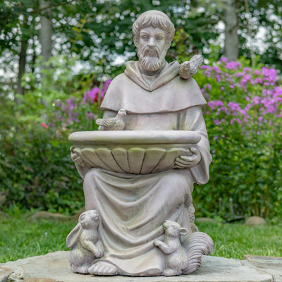 30 po Grande statue de Saint Francis et bain d'oiseaux en gris antique