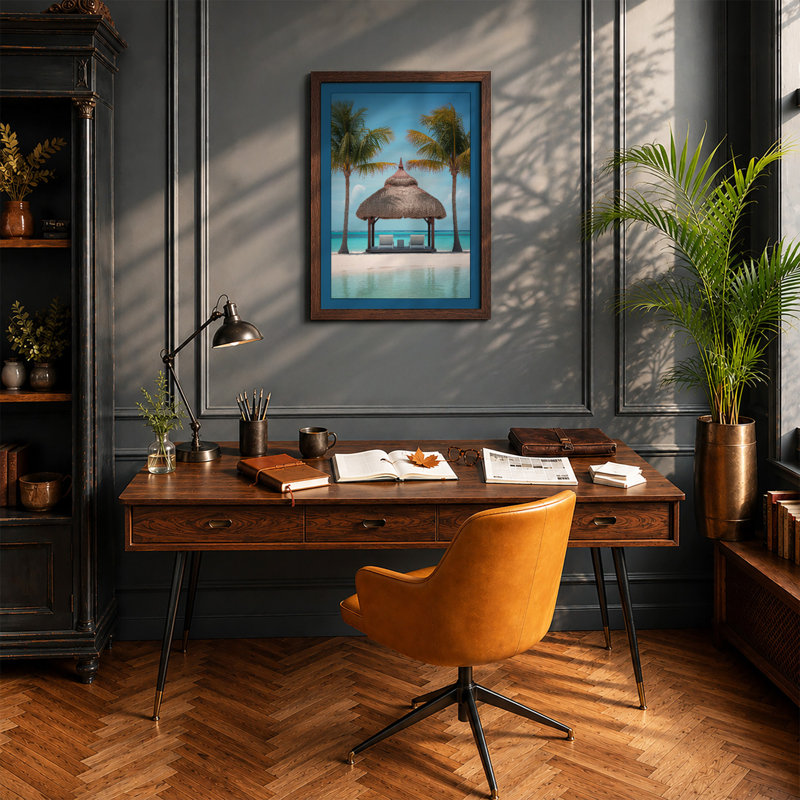 Tropical Pavilion Coastal - Framed Print, A3 - 42.0 x 29.7 cm, Walnut