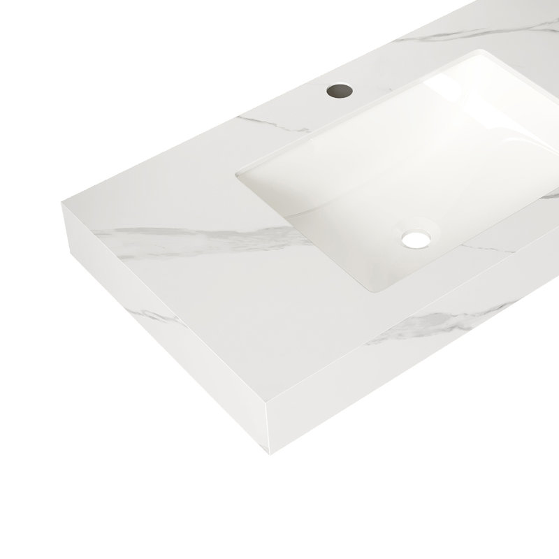 Plan de toilette en pierre frittée de 91 cm (36 po), lavabo encastré en céramique, 1 trou pour robinetterie, Blanc de Carrare