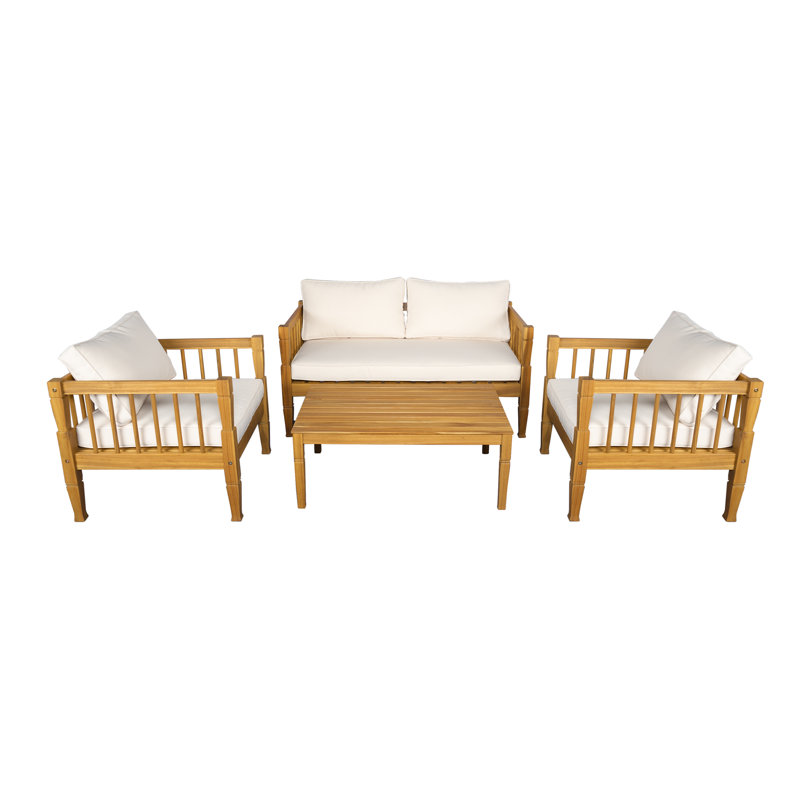 4-Piece Patio Furniture Set, Outdoor Furniture With Coffee Table, Patio Conversation Set Deep Seating With Thick Cushion For Backyard Porch Balcony,Teak Finish