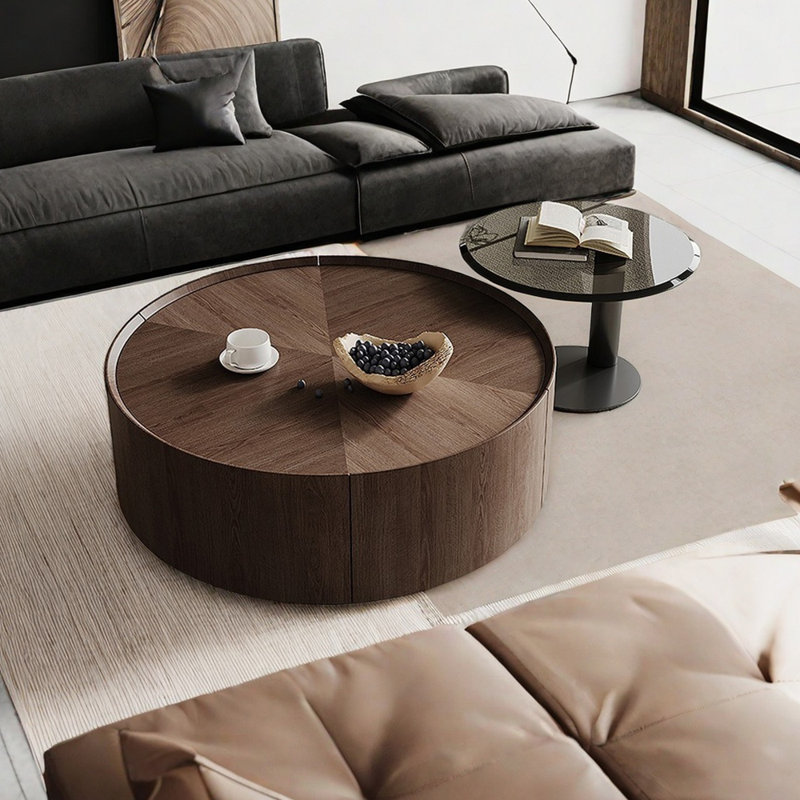 Table basse ronde en chêne et acier, H 16,53 po x L 53,14 po x l 31,49 po