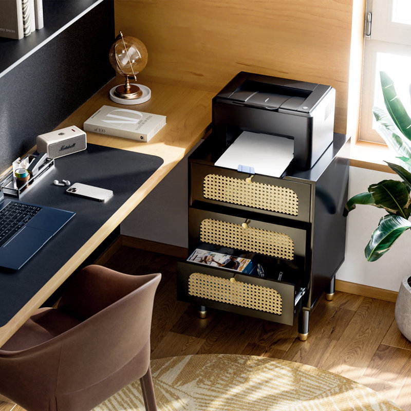 18.9'' W Solid Wood Legs 3-Rattan Drawer Nightstand with Charging Station, Black