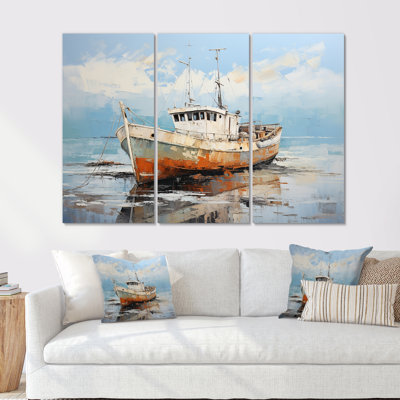 Bateau de pêche au port II - ensemble d'art mural bateau côtier