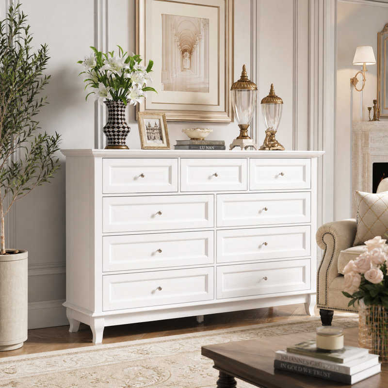 Commode de rangement à 9 tiroirs de 140 cm de large avec glissières métalliques et trousse anti-basculement, Blanc