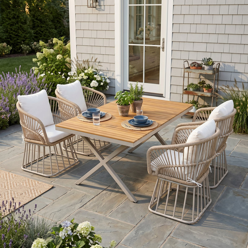 Ensemble repas d'extérieur 55,25 po en teck 55 pièces avec chaises en osier et structure en acier, beige, 4