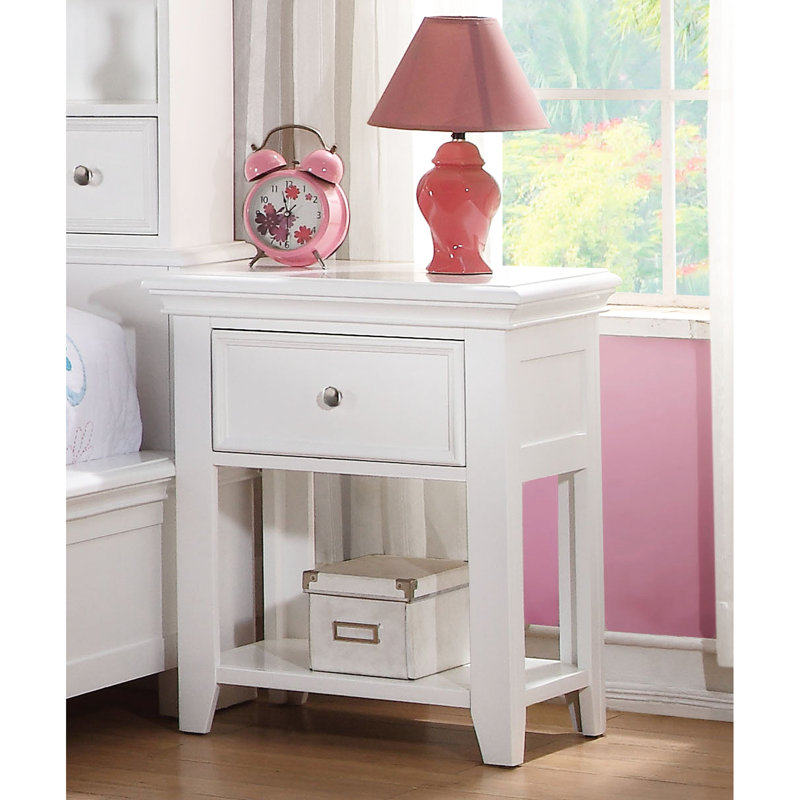 Table de chevet à 1 tiroir blanche pour chambre à coucher avec partie inférieure ouverte sous bois moderne et tablette confortable