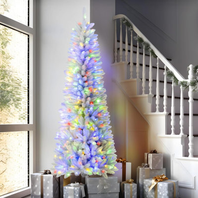 Prelit Artificial Hinged Pencil Christmas Tree, Pre-Lit Warm White & Multi-Color Lights With Remote Control, Branch Tips Skinny Slim Holiday Decoration For Xmas,  White