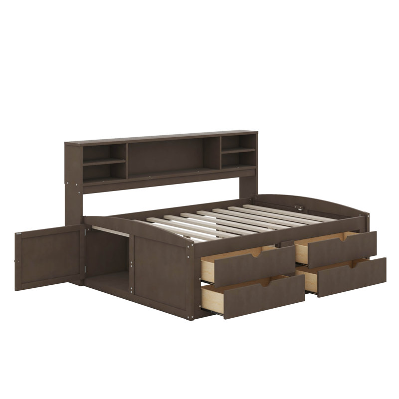 Lit de jour double en bois avec 2 armoires de chevet, tablettes et tiroirs, Brun antique