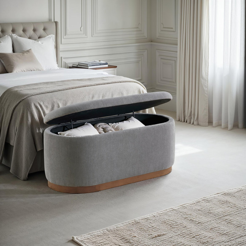Banc de rangement en velours côtelé avec pieds en bois massif Valenod, Gris