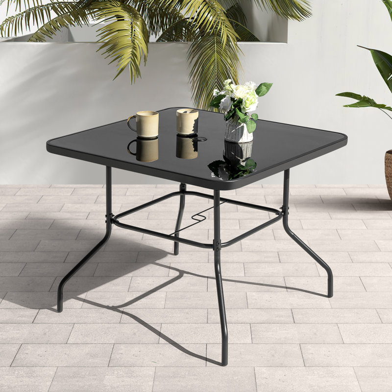 Outdoor Square Metal Dining Table With Tempered Glass Tabletop, Black, Black
