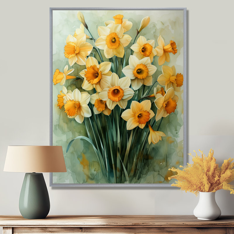Bloom, orange, blanc, nature morte, jonquilles IV - jonquilles, impression d'art mural, Black Picture Framed