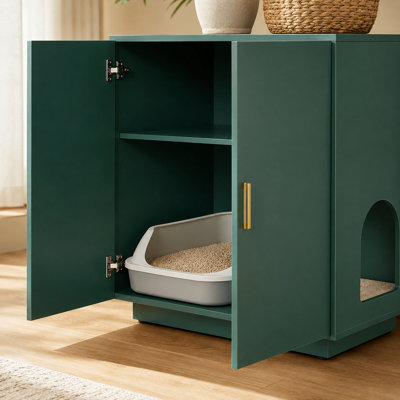 Vintage Green Enclosed Cat Litter Box Cabinet with Gold Handles, Heavy-Duty Hidden Pet Furniture with Ventilation, Odor Control and Spacious Interior, Perfect for Living Room, Bedroom or Side Table Storage.