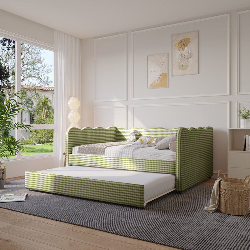 Linen Upholstered Gingham Daybed With Trundle, Usb Charging Port & Wave-Shaped Design, No Box Spring Needed, Green