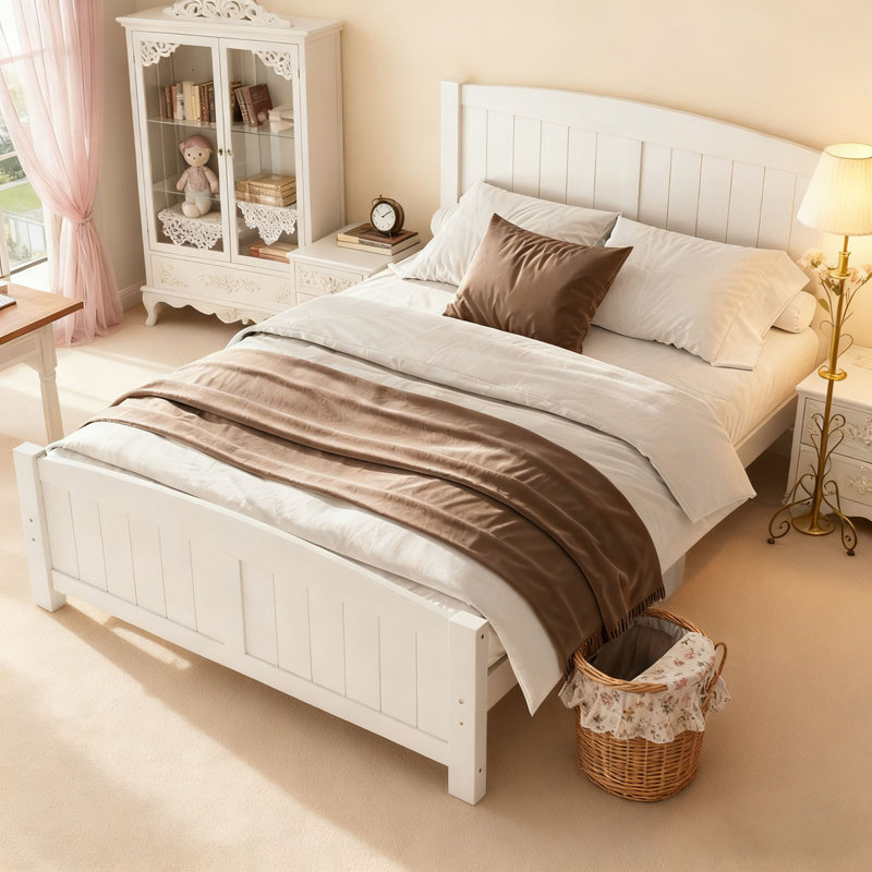Solid Wood Platform Bed with Support Slats and Strong Structure, Light White, King