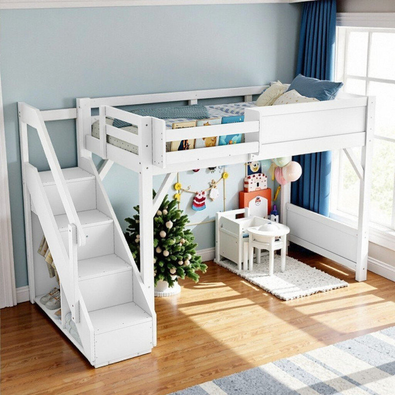 Lit mezzanine en bois massif Unarosel avec garde-robe et tablettes intégrées, Lit simple, Blanc clair