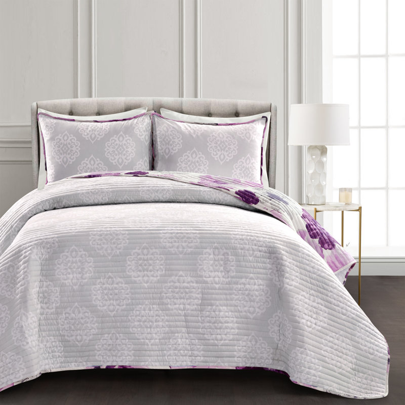 Full Gray and Purple Reversible Microfiber Floral Quilt Set