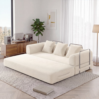 89" W King-Size Convertible Compression Sleeper Sofa Bed Floor Sofa Lounge Couch Corduroy Folding Mattress Couch with 3 Pillows