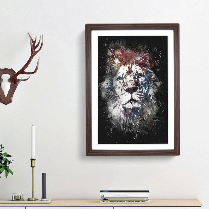 Lion Abstract Paint Splash - Picture Frame Graphic Art, Walnut Framed, 33cm H x 24cm W x 2cm D