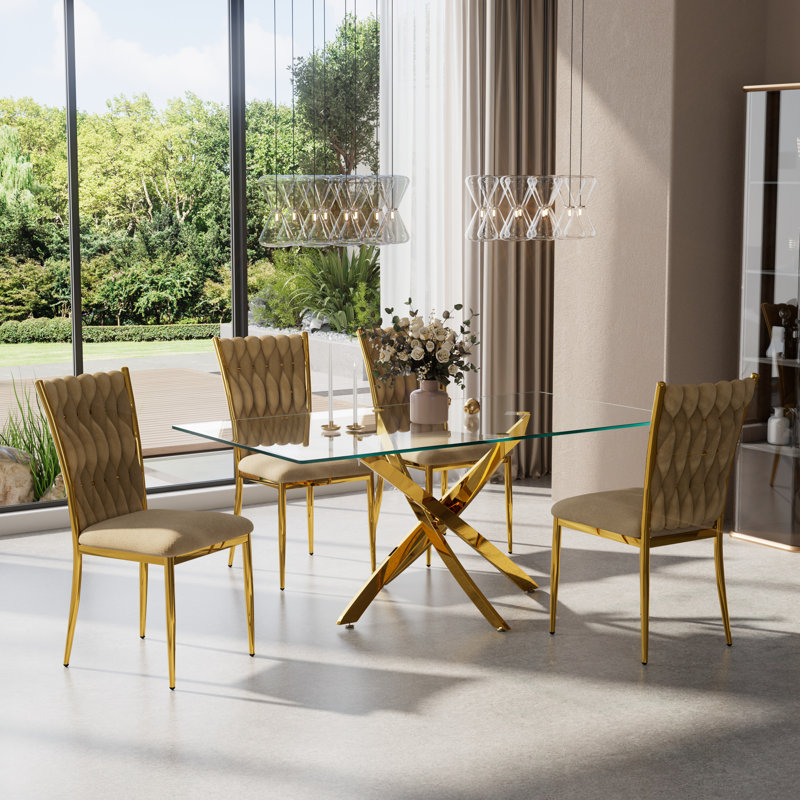 Ensemble de table rectangulaire 63 "en verre trempé 63", Brun / or, 5