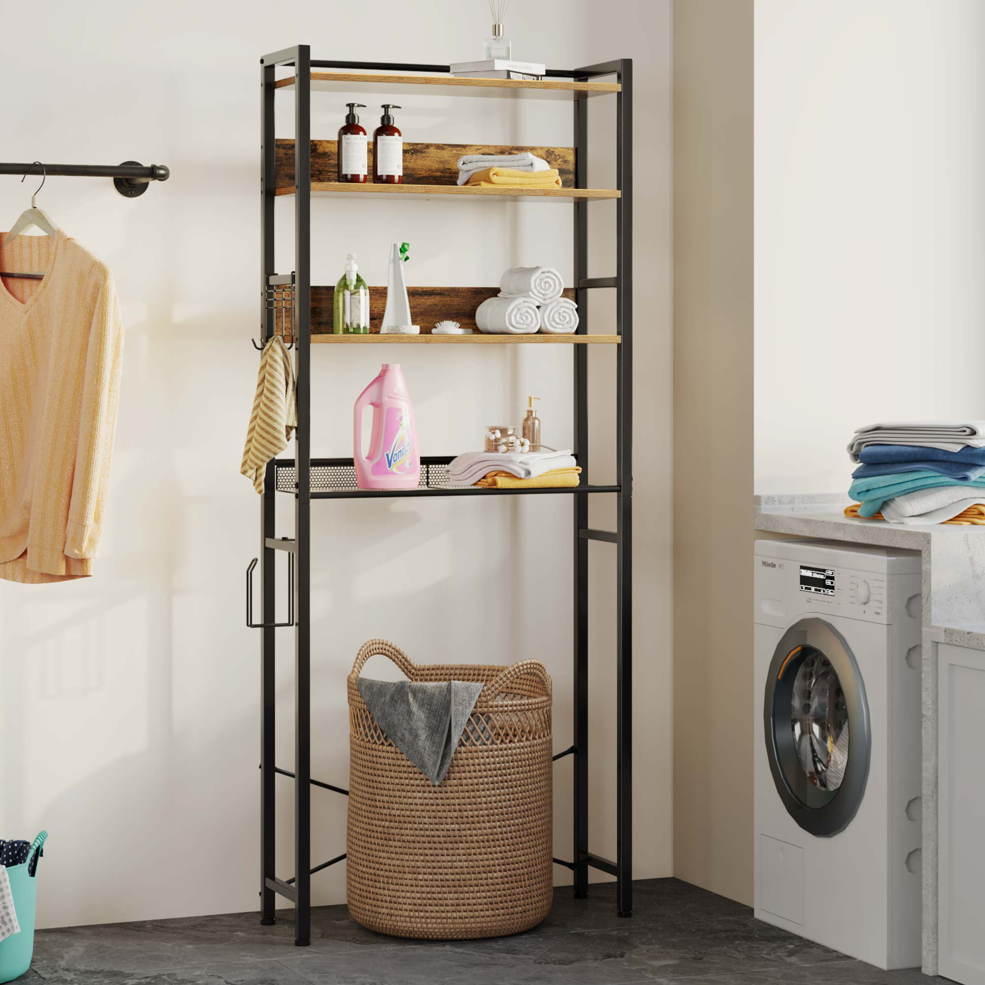 Calirose 23.6" W x 68 "H x 9.4" D Over The Toilet Storage with 4-tier shelf & 4 hooks