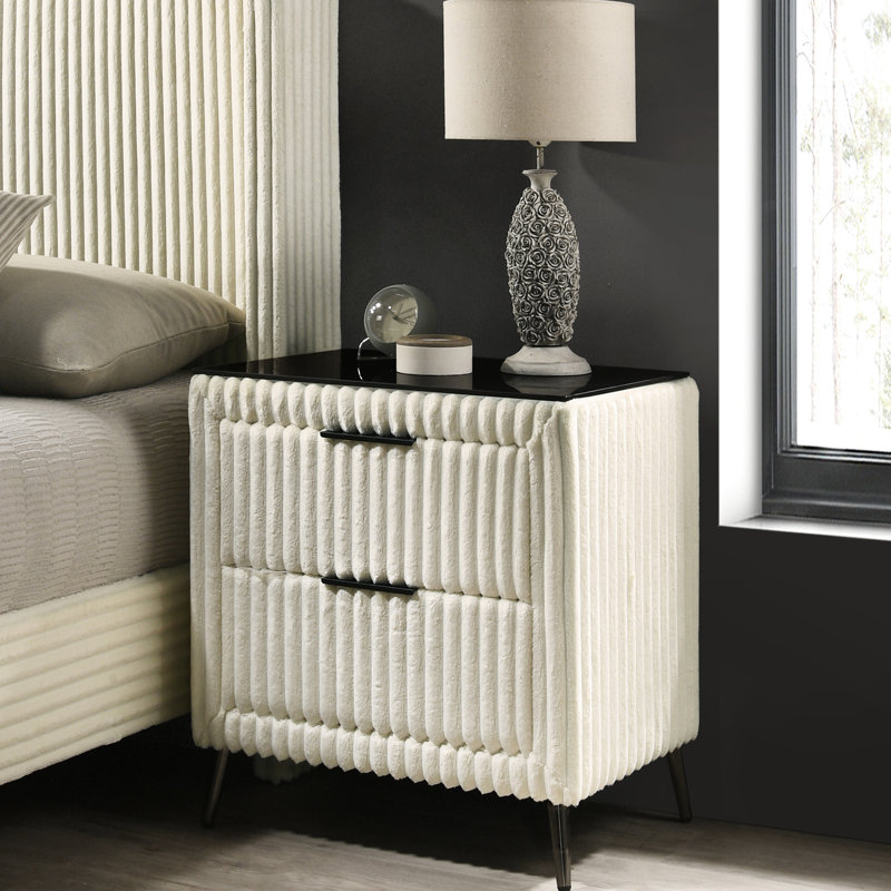 Table de chevet pour chambre à coucher avec revêtement en velours côtelé crème - Rangement à 2 tiroirs avec garantie d'utilisation à long terme Armoire de luxe rembourrée et spacieuse avec 2 matériaux de qualité