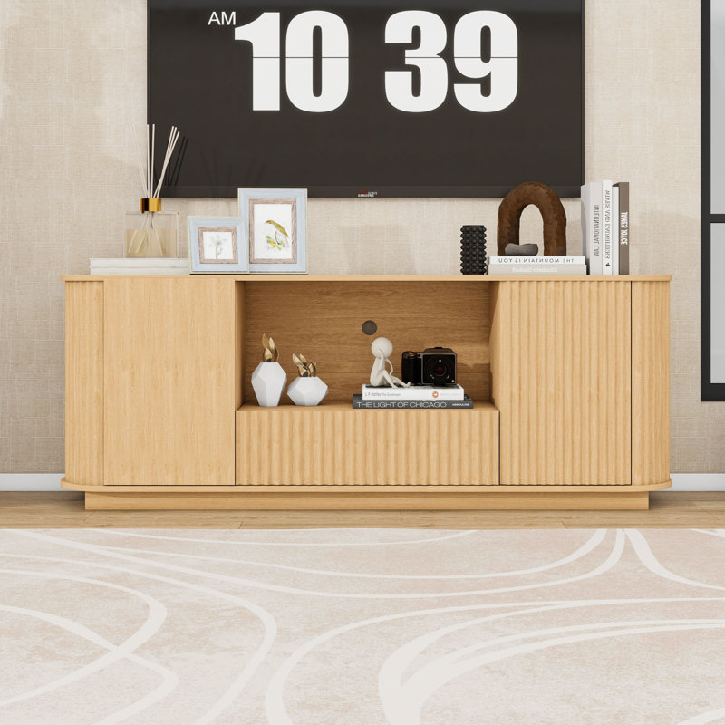 Meuble télé 64 po avec armoire de rangement et tiroir, Naturel
