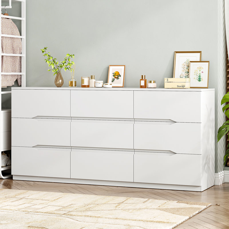 Dresser for Bedroom with 9 Drawers, 60” Wide Dresser for Storage and Organization, Modern Storage Cabinets & Chest of Drawers for Living Room, Closet, Hallway, Entryway, Office, White