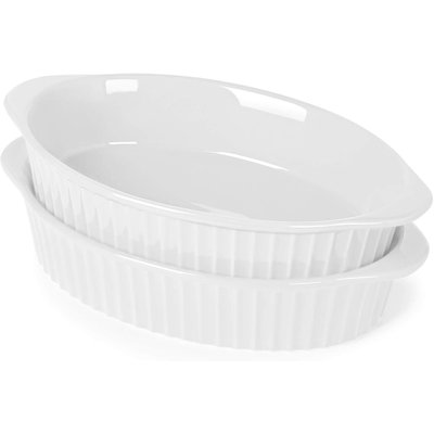 Porcelain Small Oval Au Gratin Pans, Baking Dish Set for 1 or 2 person servings, Bakeware with Double Handle for Kitchen and Home, Set of 2 (White)