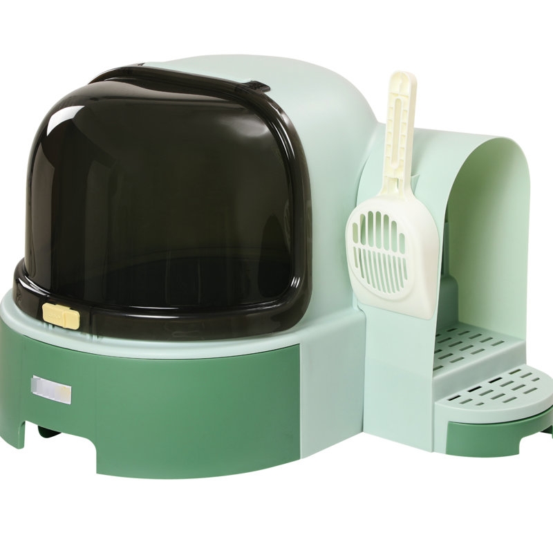 Bac à litière en plastique avec couvercle, façade ouvrable pour un nettoyage facile, grande porte latérale pour faciliter les déplacements du chat, plateau amovible pour les déjections, design sur le thème de l'espace pour plus de sécurité, désodorisant intégré, idéal pour les chatons