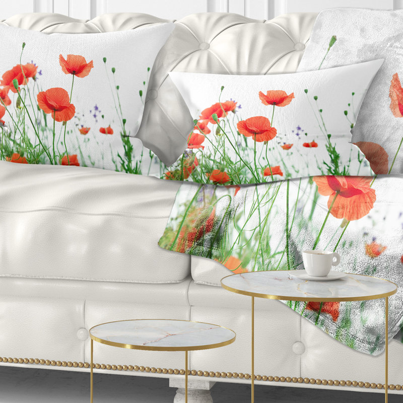 Fleurs de coquelicot sur fond blanc - Coussin décoratif à imprimé floral