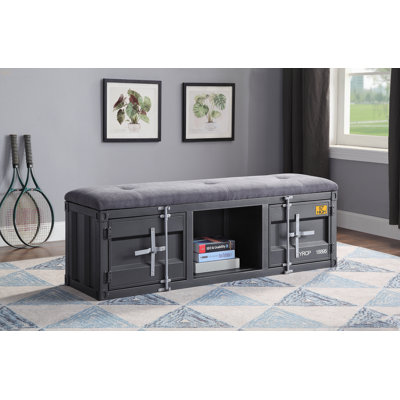 Banc de rangement de style industriel gris et bleu avec amplement d'espace pour la fabrication d'articles de chambre à coucher