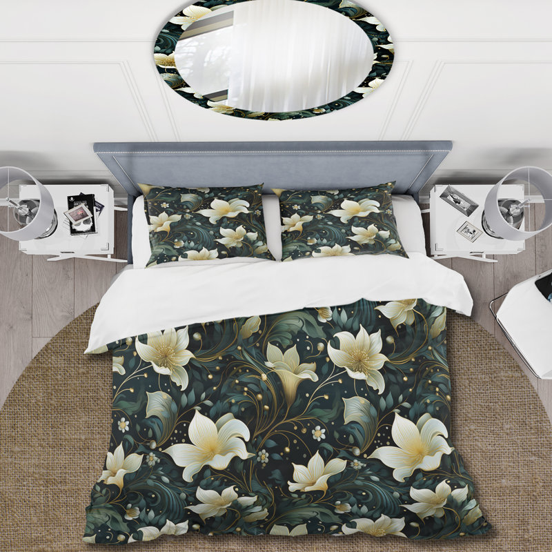 Ensemble de housse de couette Green and Beige Wines Flowers II, Housse de couette simple + 1 taie décorative stan