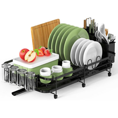 Grand égouttoir à vaisselle - Égouttoir à vaisselle extensible, égouttoir à vaisselle multifonctionnel pour comptoir de cuisine, égouttoirs à vaisselle antirouille avec couverts et porte-gobelets