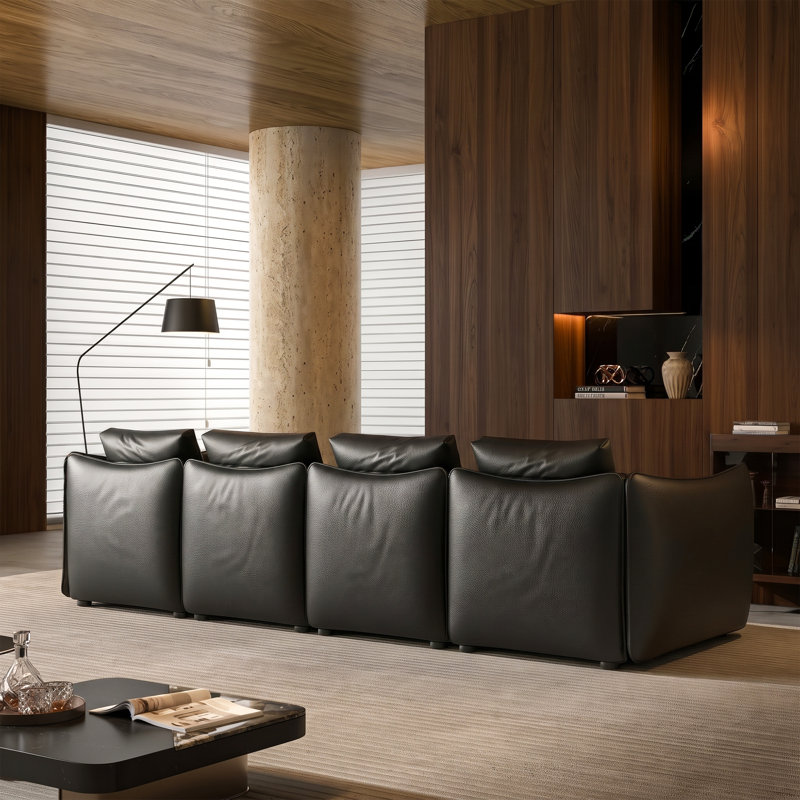 Canapé d'angle en L extra long, de style moderne, en similicuir, avec assise profonde et pieds en acier inoxydable