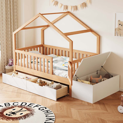 Solid Wood Toddler Playhouse Bed with Safety Railings  Storage Drawers