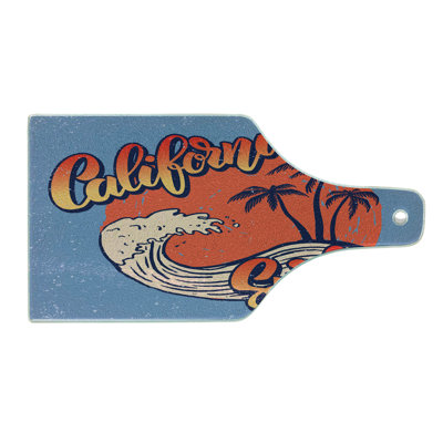 Ambesonne Graphic Beach Tempered Glass Cutting Board California Surfing Ceil Blue Burnt Sienna