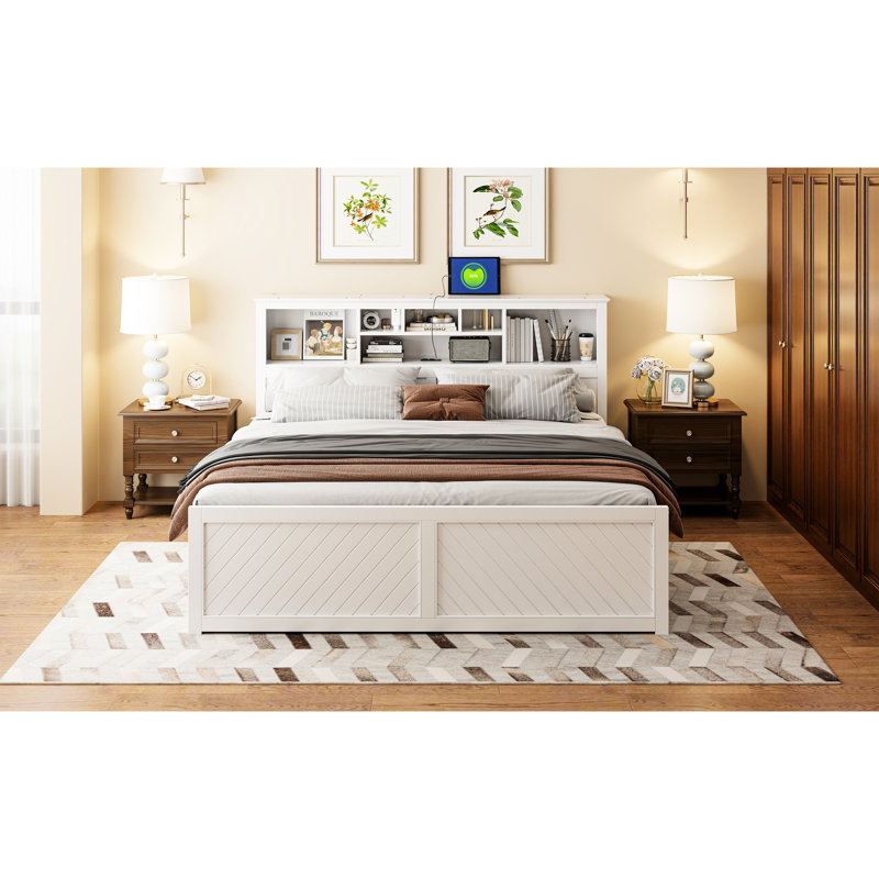 Wooden Platform Bed With Multi-Storage Headboard, Usb And 2 Drawers, White