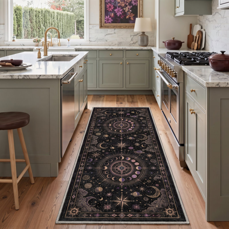 Tapis de couloir noir / mauve lavable à la machine avec envers antidérapant, Runner 2' x 6'