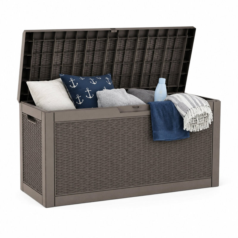 Outdoor Lockable Deck Storage Box, 60 Gal (227L), Durable Resin, Rattan Effect, Gray
