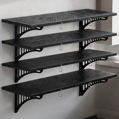 Ensemble de 4 tablettes de rangement murales robustes en métal noir avec organisation pour le rangement d'outils et d'équipement Garage Garage