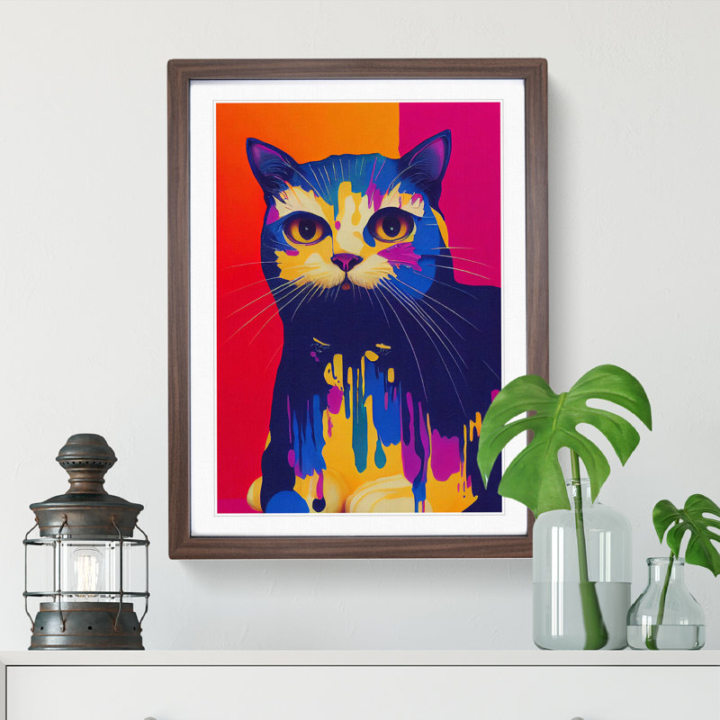 Cat Drip - Single Picture Frame Print, 46cm H x 34cm W x 2cm D, Walnut
