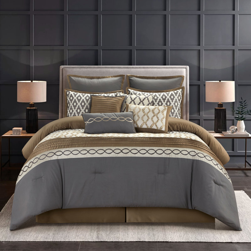 Ensemble d'édredon 10 pièces Caval, Édredon pour très grand lit + 9 pièces supplém, Gris / taupe / blanc