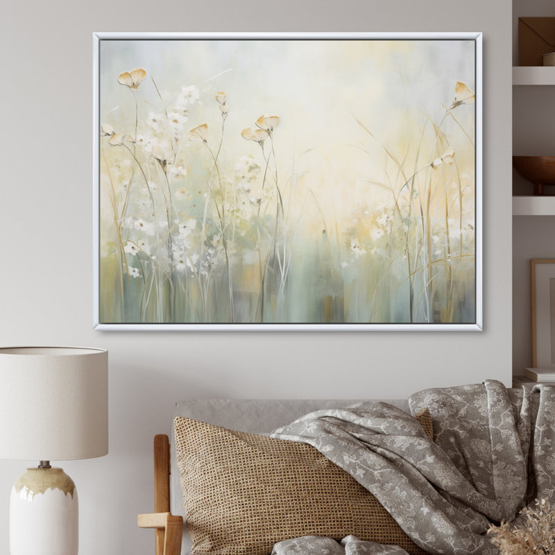 «Green Beige Serene Meadows I», reproduction d'art sur toile, H 12 po x l 20 po x P 1 po, Cadre flottant blanc