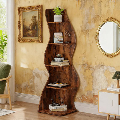 5-Tier Wall Corner Bookshelf With Heavy-Duty Storage For Books And Decor, Space-Saving Design For Modern Rooms.