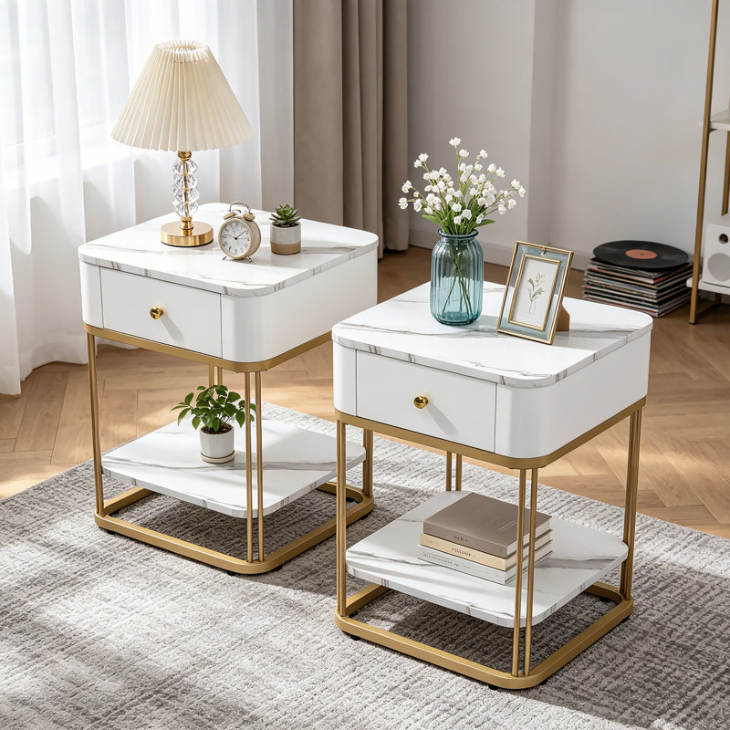 Nightstand Set Of 2 With Rounded Corners, Modern Bedside Table With Drawer And Shelf, White