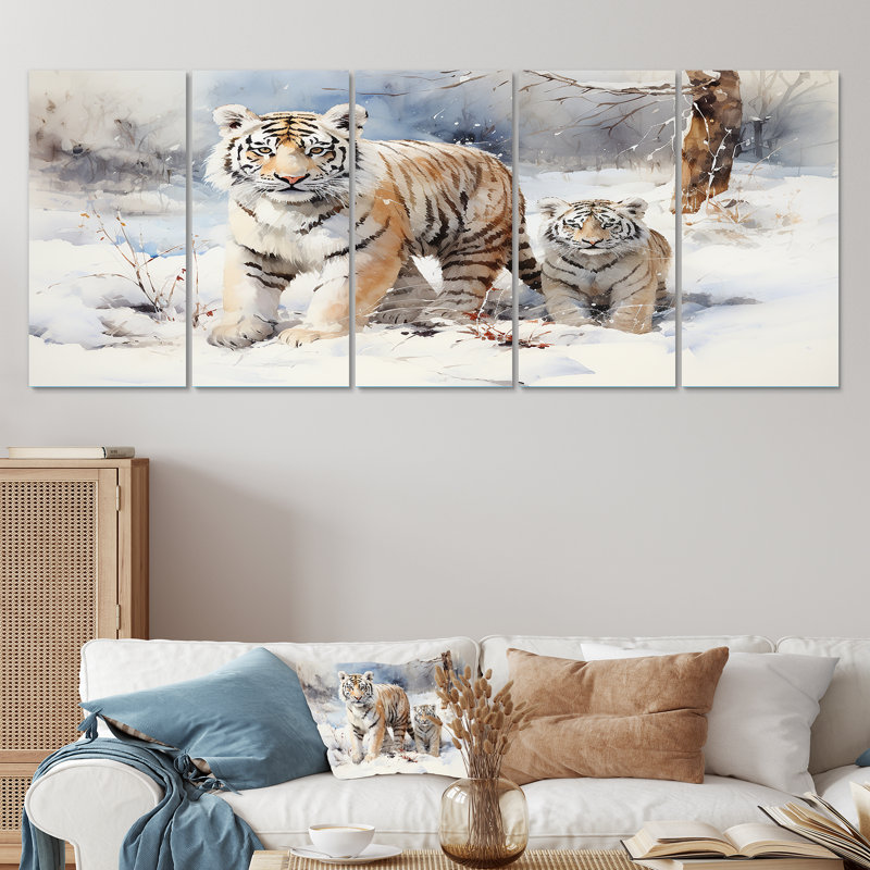 Ensemble de 5 tigres blancs jouant dans la neige III - Tigre, art mural, H 32 po x l 80 po