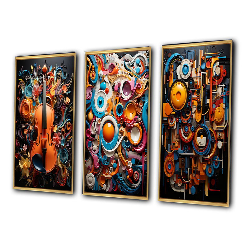 «Opt Art Vibrant Symphony», 3 pièces sur toile, Cadre flottant doré, H 28 po x l 36 po