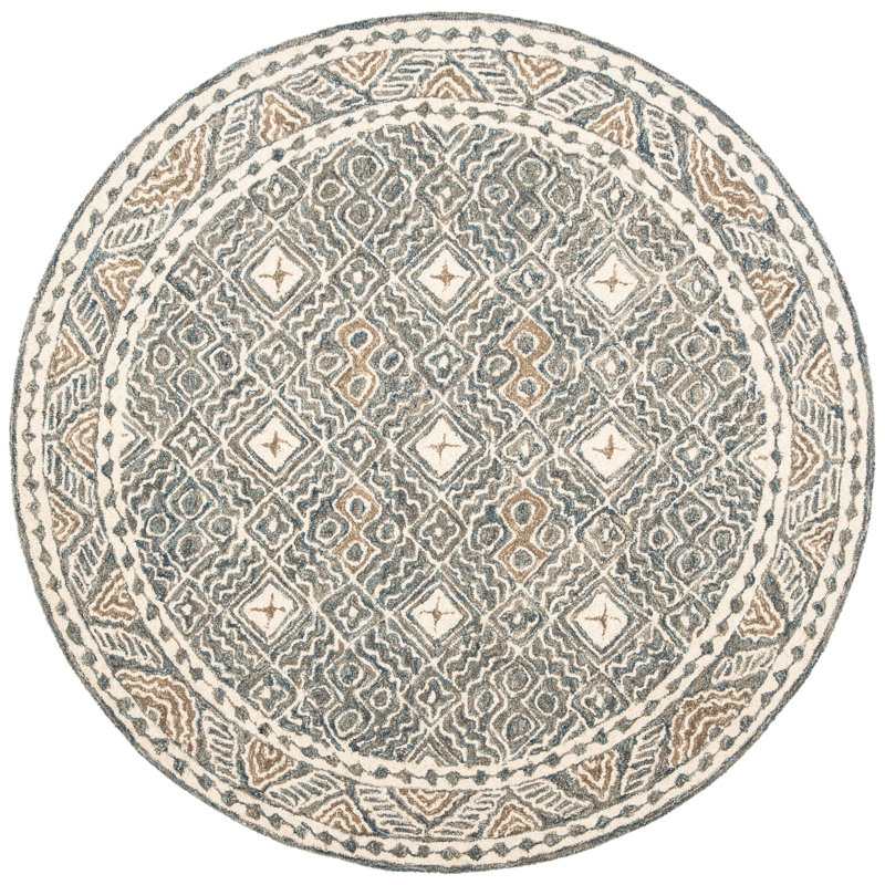 Tapis en laine / coton touffeté à la main Devoe - ivoire / bleu, Rond 7 pi