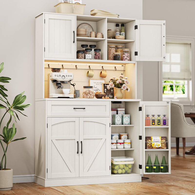 Armoire de rangement pour garde-manger de 71 po de hauteur avec lumière DEL et station de charge, huche de cuisine avec tablette à micro-ondes et 6 crochets, tablettes de porte et tiroir et tablettes réglables pour la salle à manger