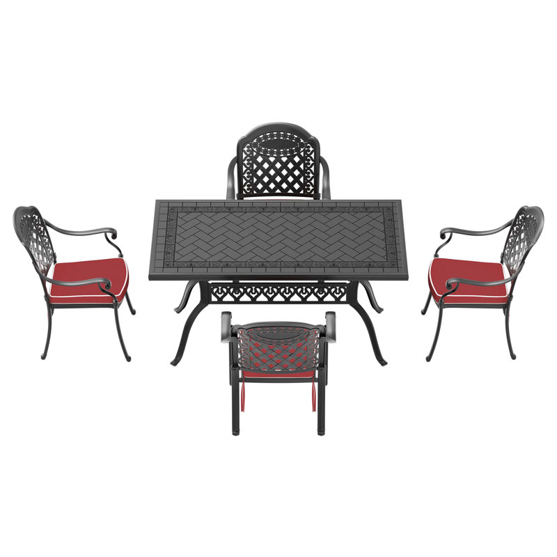 5-Piece Cast Aluminum Patio Furniture Set With Black Frame And Red Seat Cushions, Red, 4